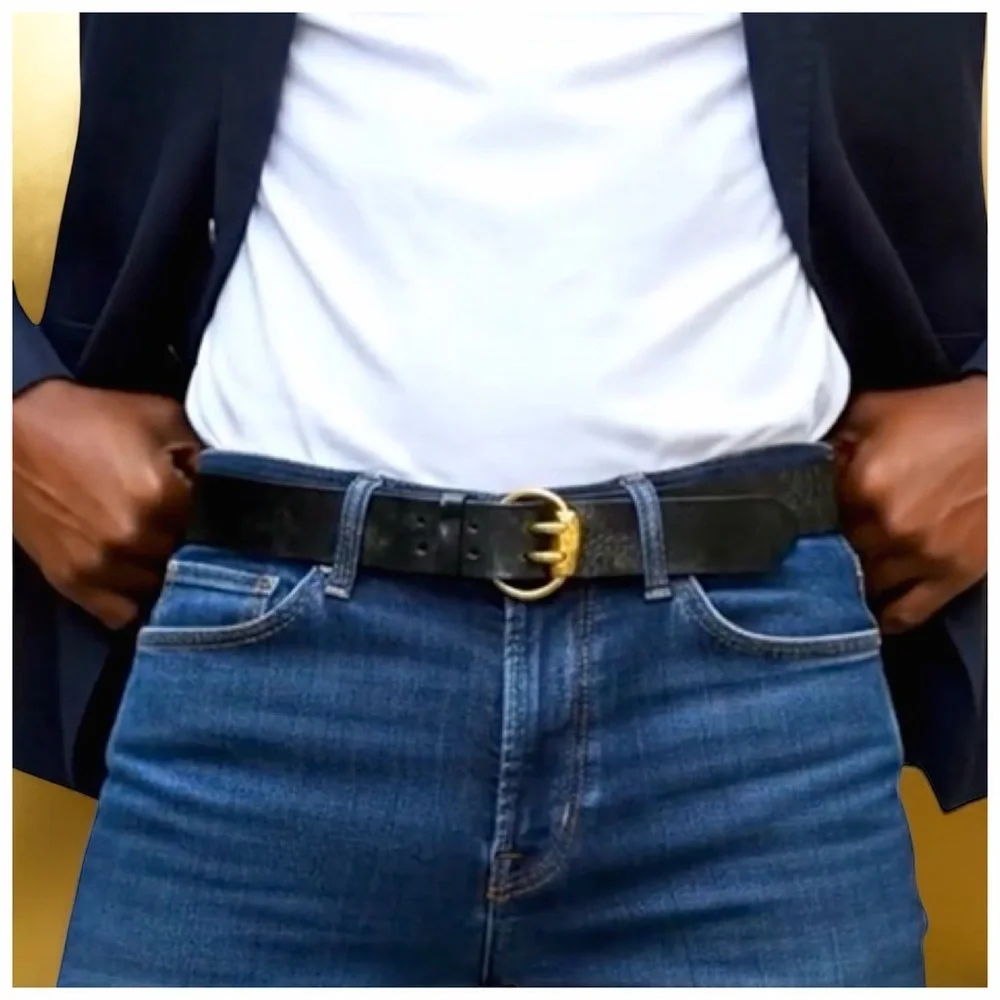 Bijan Men’s Black Leather Belt with Gold Buckle. 48”